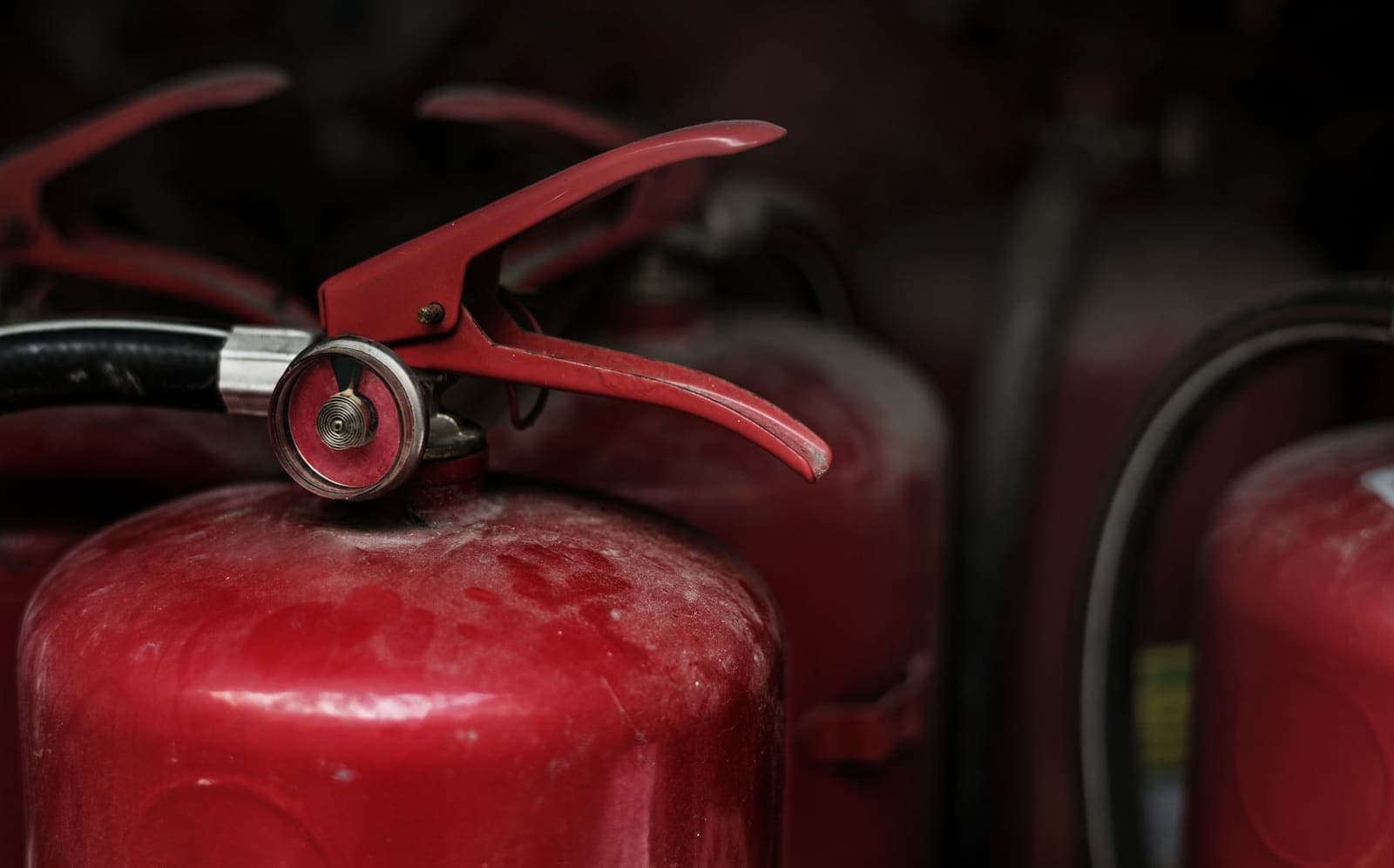 Close-up of red ABC fire extinguishers lined up for inspection