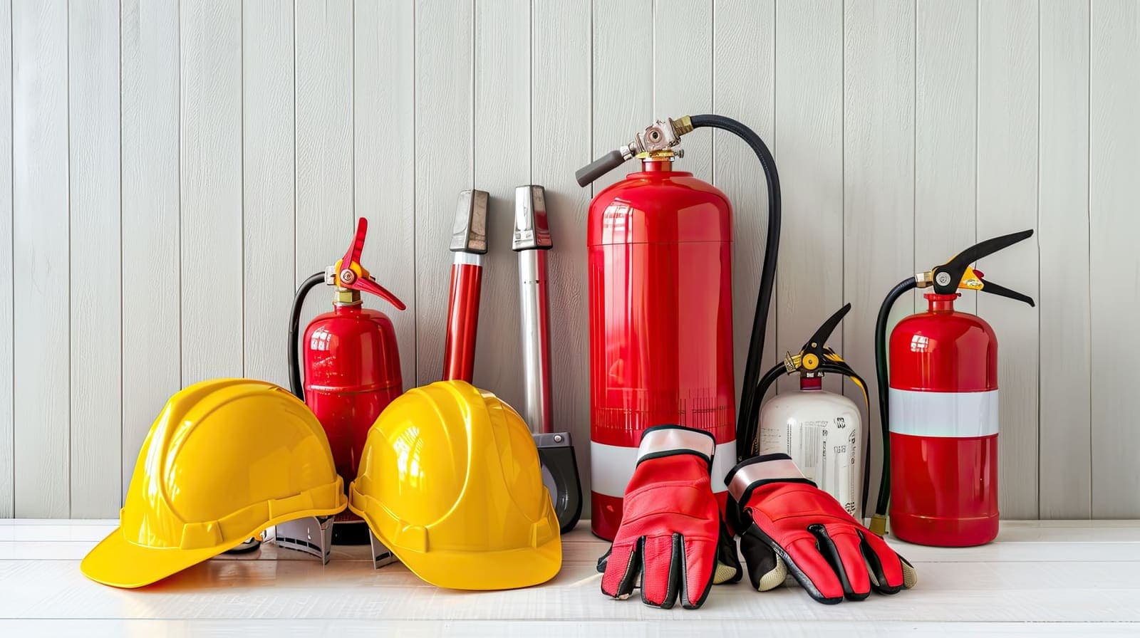 Assortment of fire safety equipment — extinguishers, helmets, gloves — arranged on a wooden surface